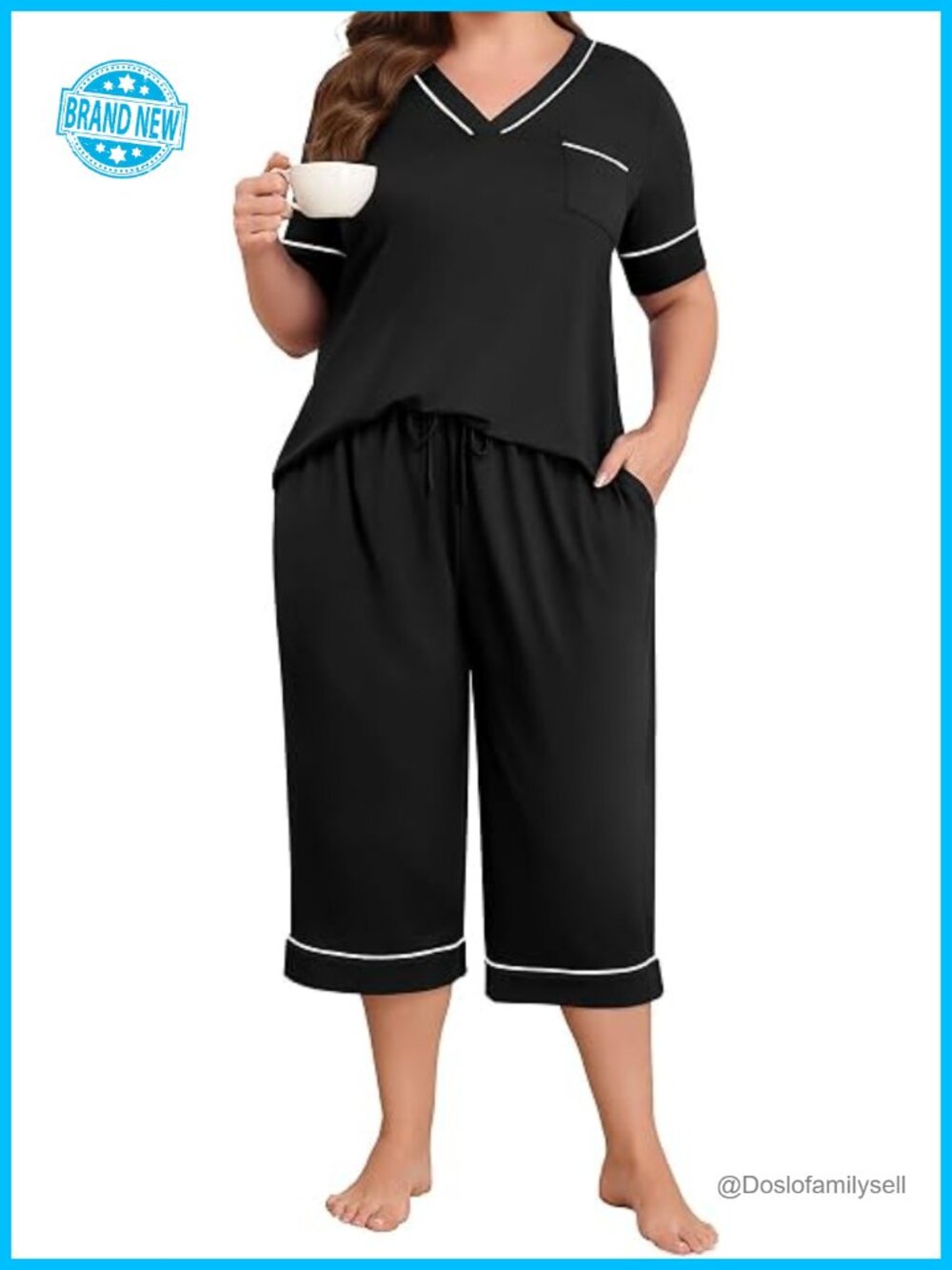 Plus Size Pajama Set 2 Piece V Neck Short Sleeve Capri Pants Lounge Set Knit - Picture 1 of 6